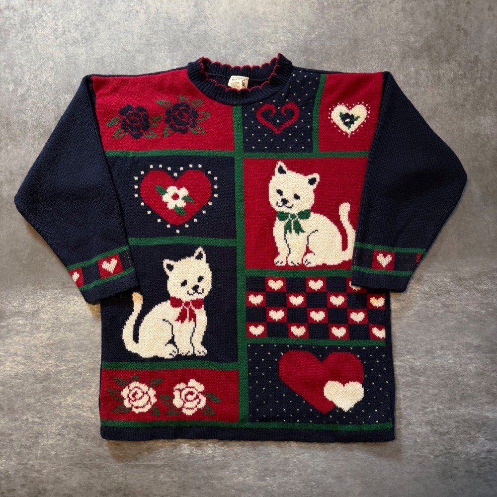 Vtg 90s Basic Editions Cat Patchwork Sweater L Navy Hearts Knit Grandma Cottage